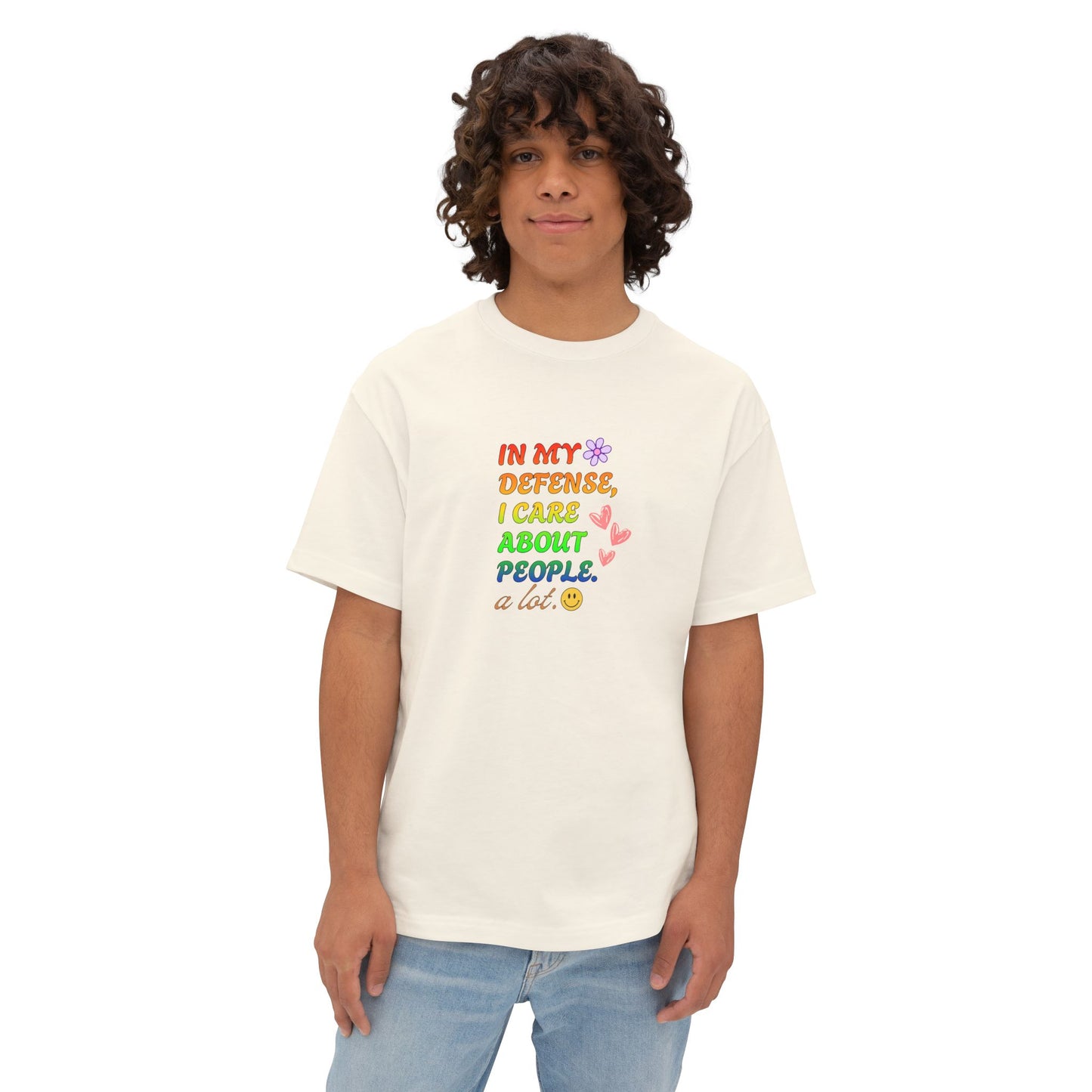 “In My Defense I Care About People” Boxy Tee — Unisex Statement T-Shirt