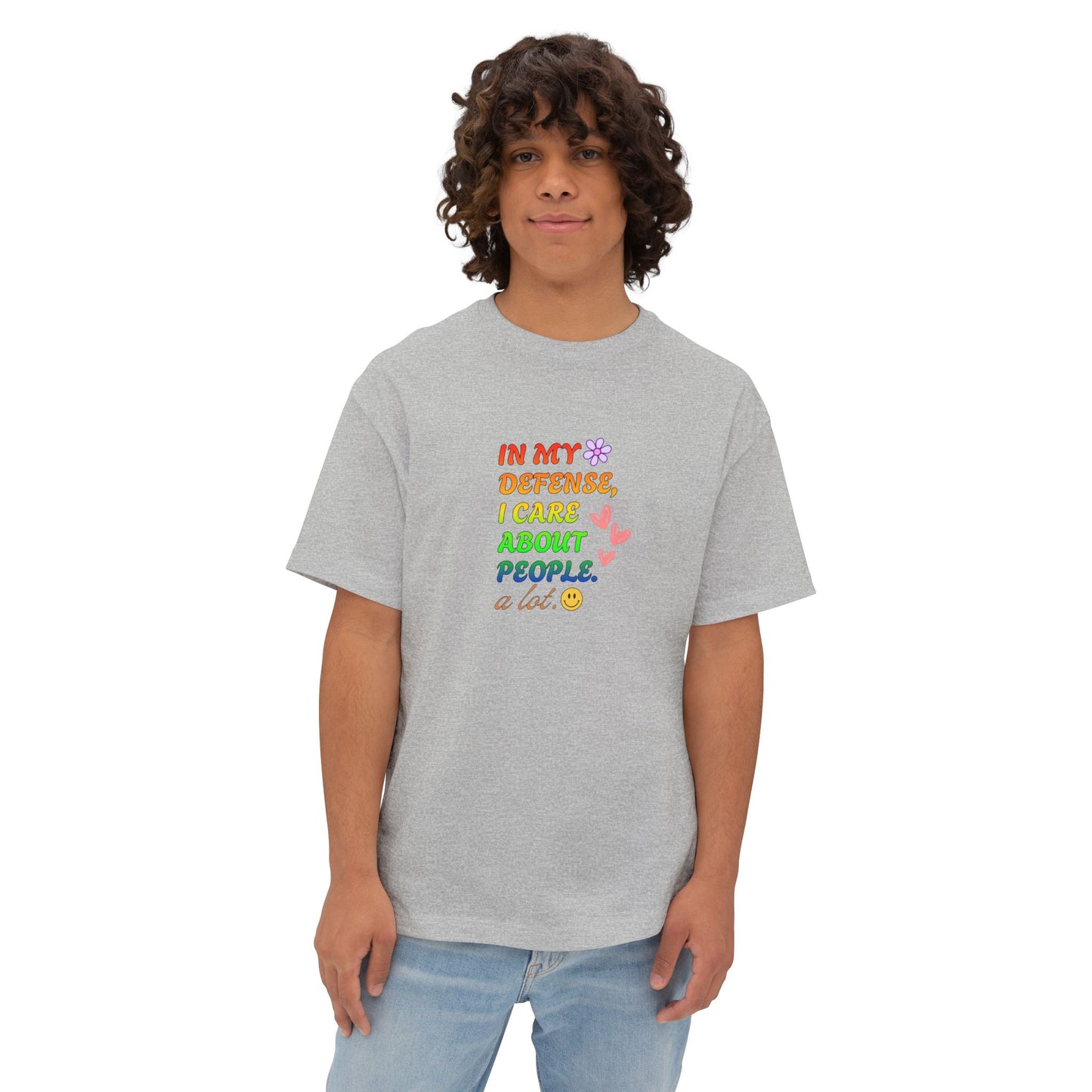 “In My Defense I Care About People” Boxy Tee — Unisex Statement T-Shirt