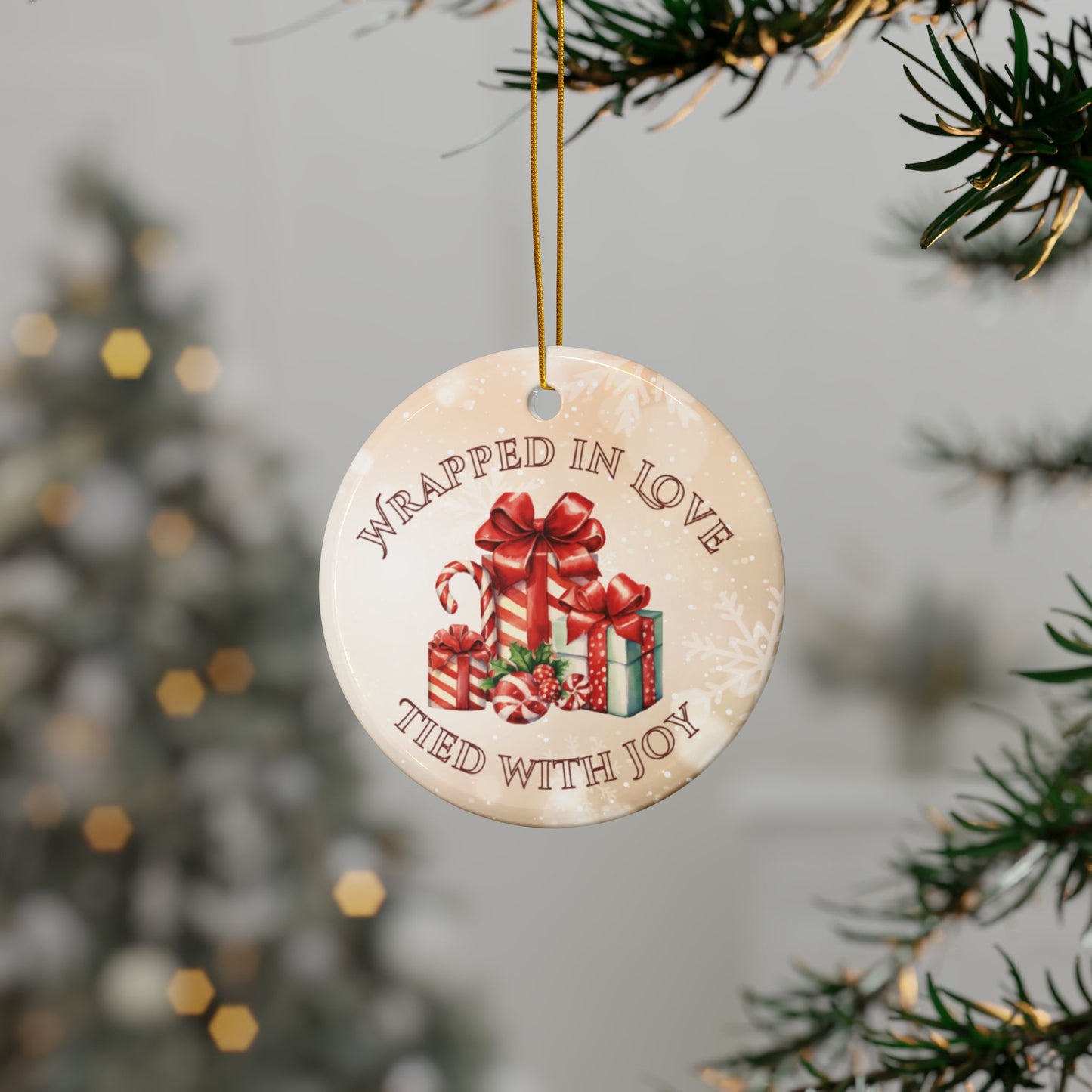 Ceramic Ornament - 'Wrapped in Love, Tied with Joy' Design